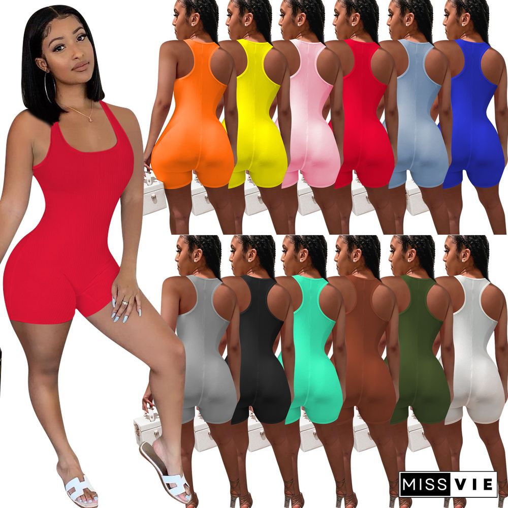 Summer Sexy Solid Color Knitted Sleeveless Mid Waist Bodycon Womens Fitness Vest Romper