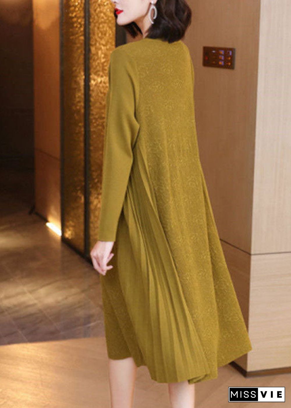 Loose Yellow V Neck Patchwork Wrinkled Jacquard Knit Maxi Dresses Spring