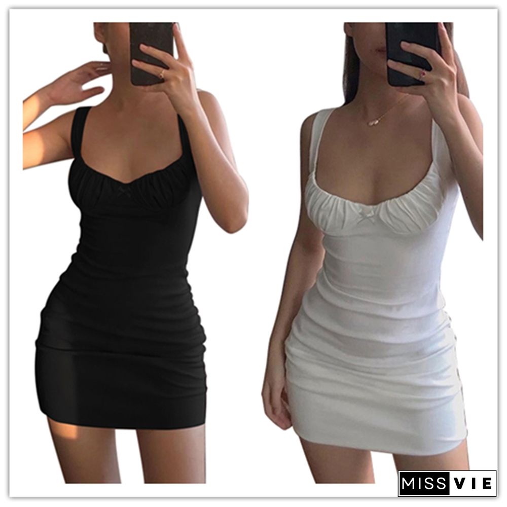 Ruched Dress Sexy Female Party Dresses Women Sleeveless Elastic Mini Dress Solid Color Summer Bodycon Club Wear Vestidos