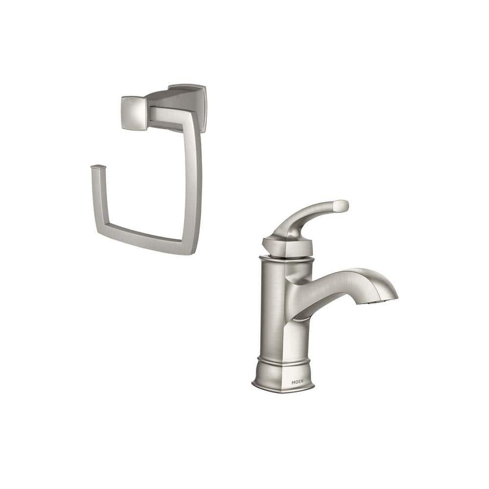 MOEN Hensley Single Handle Single Hole Bathroom Faucet with Towel Ring in Brushed Nickel