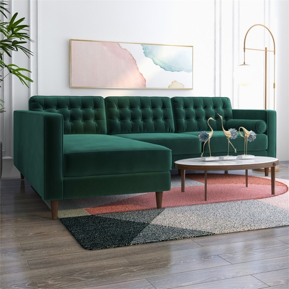 Owen Mid Century L Shaped Pillow Back Velvet Left Facing Sectional in Green   Midcentury   Sectional Sofas   by Homesquare  Houzz