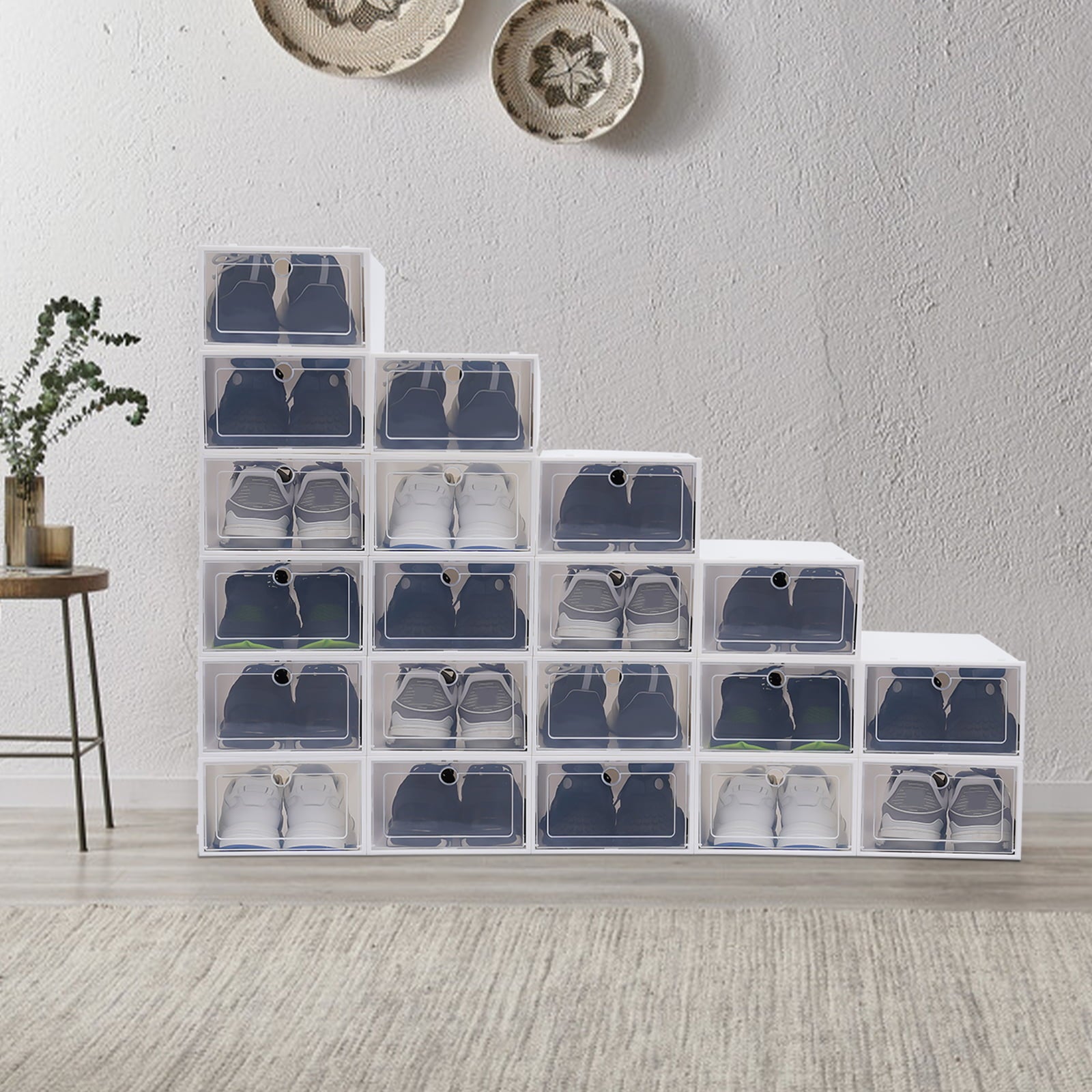 Miumaeov 20pcs Shoe Storage Boxes Stackable Shoe Organizer Foldable Shoe Display Box with Front Opening Lids Clear Platic Shoe Container Boxes for Closet Bedroom Bathroom 13