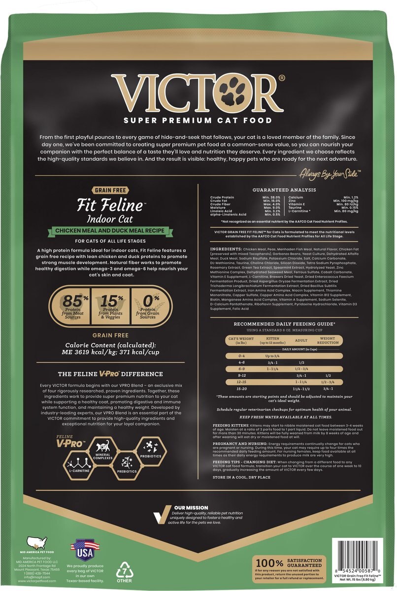 VICTOR Fit Feline Indoor Grain-Free Chicken Meal and Duck Meal Recipe Dry Cat Food