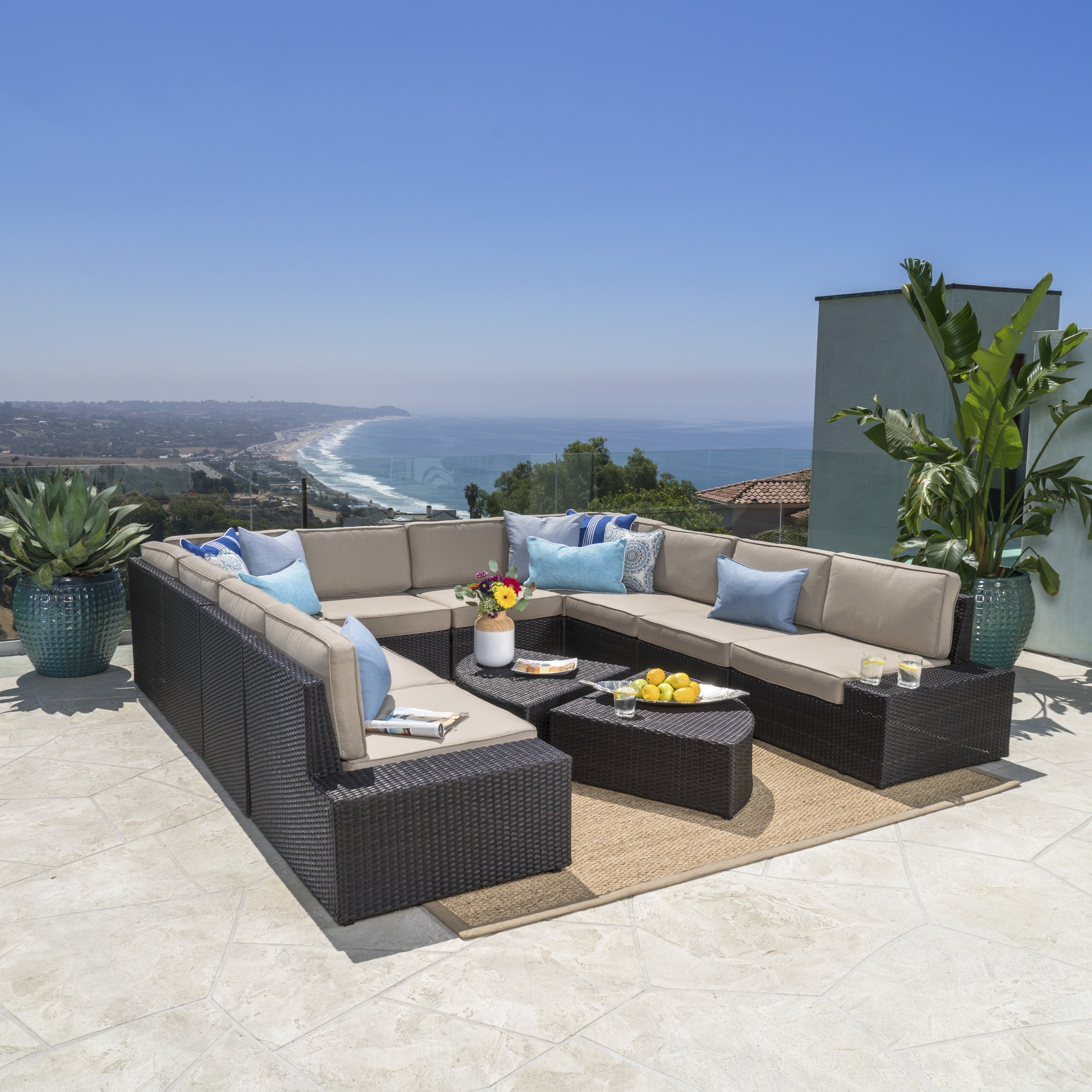 Reddington 12pc Outdoor Wicker Sectional Sofa Set w/ Cushions