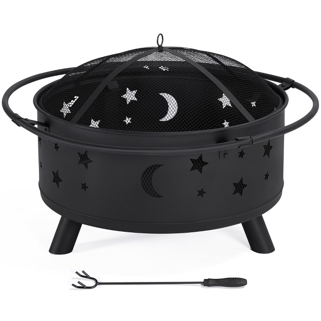 Outdoor Fire Pit Set Heating Warm Equipment Including Poker Mesh Cover With Stars Moons Pattern Black