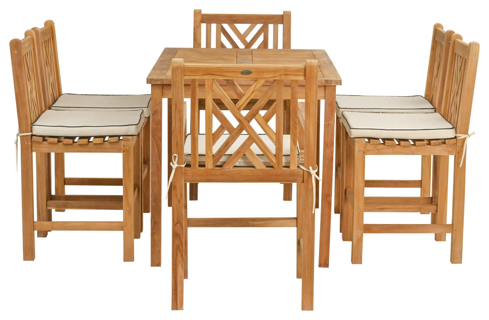 7 Piece Teak Chippendale 63 quotRect Bistro Counter Set  2 Arm and 4 Side Stools   Transitional   Outdoor Pub And Bistro Sets   by Chic Teak  Houzz