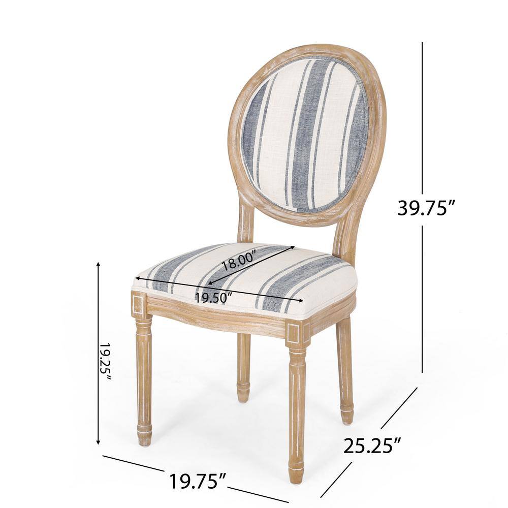 Noble House Karter Dark Blue Stripes and Light Beige Upholstered Dining Chair (Set of 2) 105393