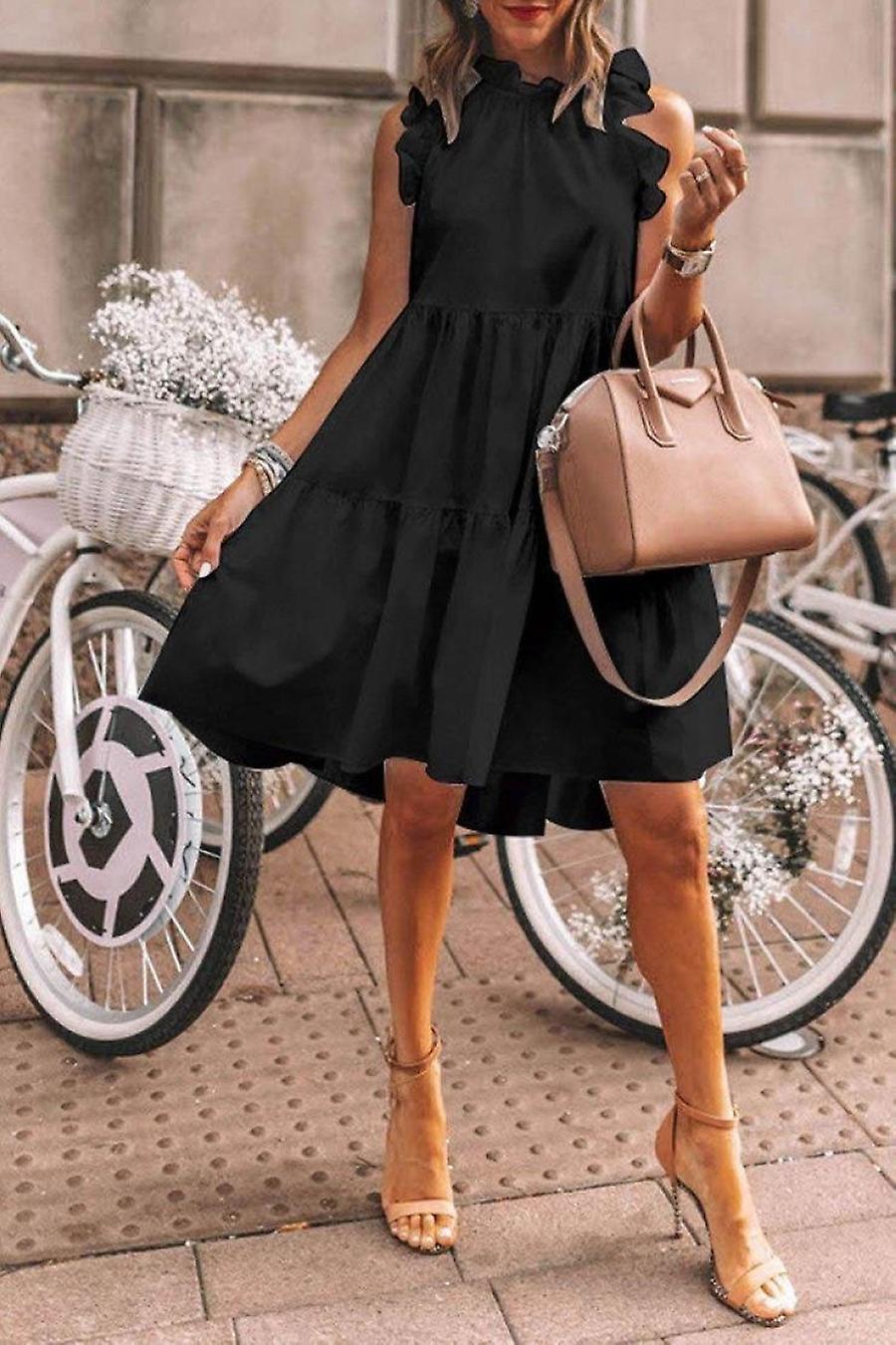 Platform Summer Casual Hot Sale Casual Loose Sleeveless Solid Color Round Neck Puff Dress Black S  Xl