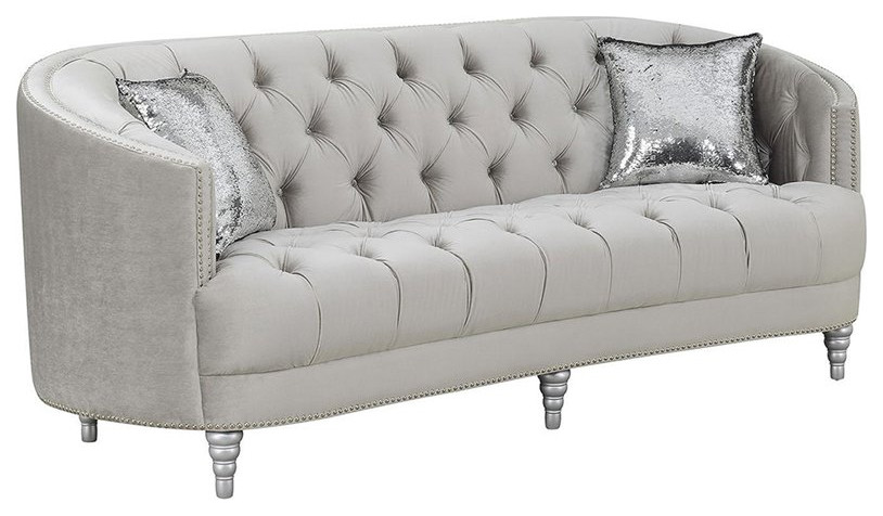 Coaster Avonlea Transitional Velvet Tufted Sloped Arm Sofa in Gray   Traditional   Sofas   by Simple Relax  Houzz