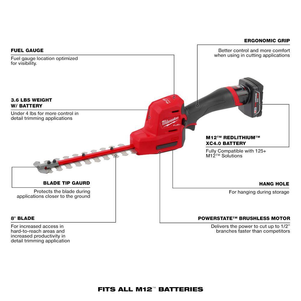 MW M12 FUEL 8 in. 12V Lithium-Ion Brushless Cordless Hedge Trimmer Kit and M18 FUEL 10 in. Pole Saw Combo Kit (2-Tool) 2533-21-2825-21PS