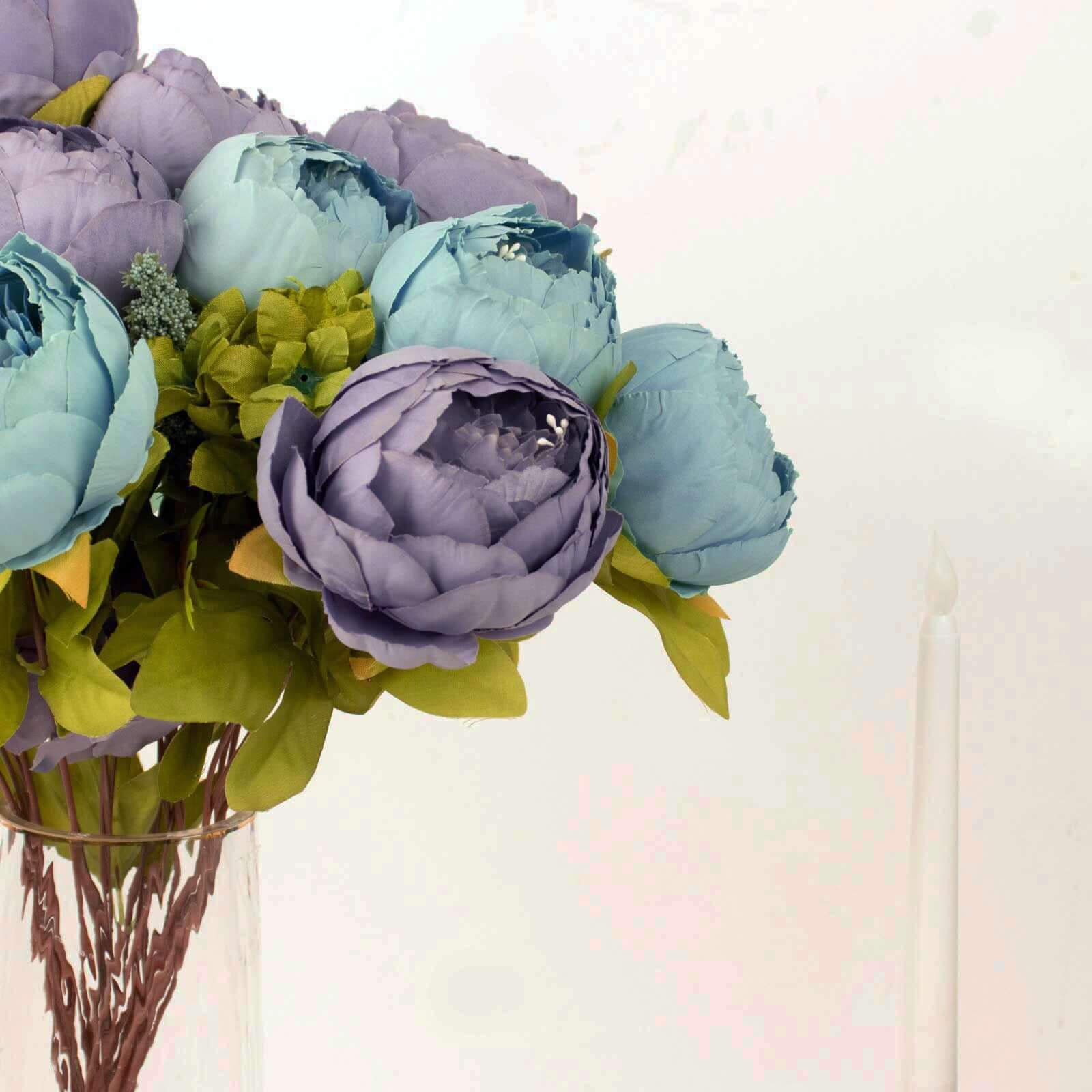 2 Pack Dusty Blue Artificial Peony Flower Wedding Bouquets, Faux Silk Flower Arrangements 19