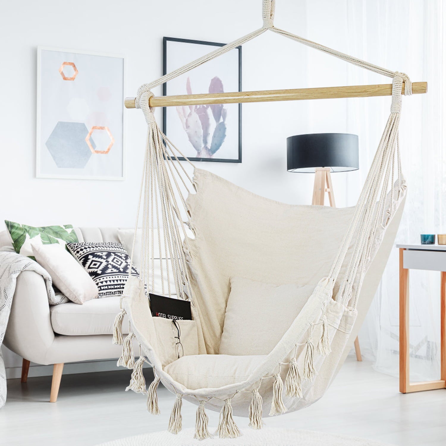 Indoor Outdoor Hammock Chair Swing with Hanging Hardware Kit - Beige, Cotton Canvas, Include Carry Bag & Two Seat Cushions