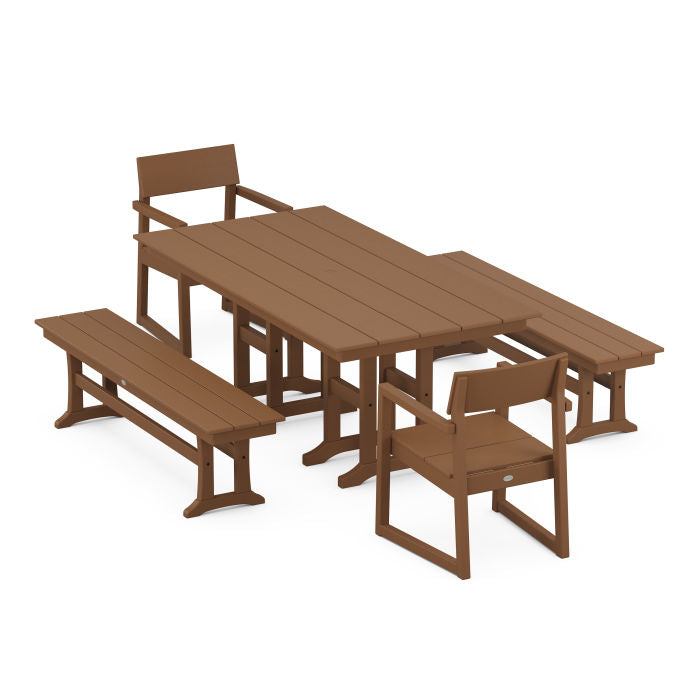 Polywood EDGE 5-Piece Farmhouse Dining Set with Benches PWS1177-1