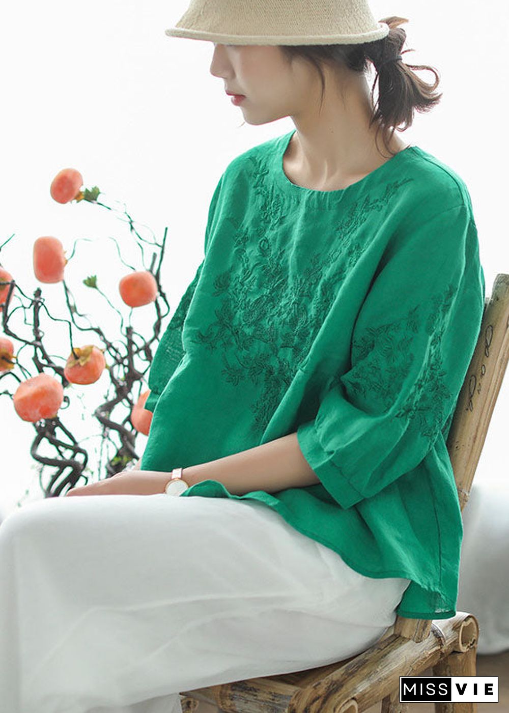 Green Loose Blouse Tops wrinkled Half Sleeve