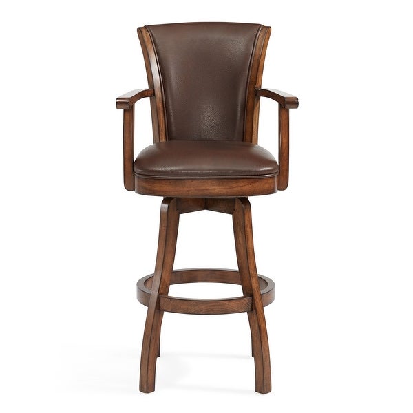 Wooden Counter Stool with Swivel Leatherette Seat and Arms， Brown