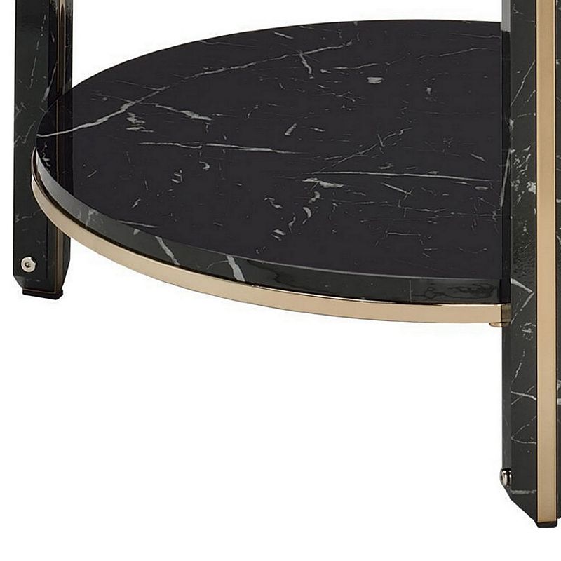 End Table with Glass Top and Faux Marble Shelf， Black and Gold