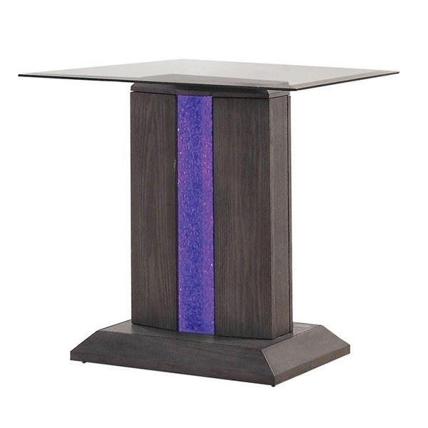 Glass Top End Table with Wooden Pedestal Base， Gray