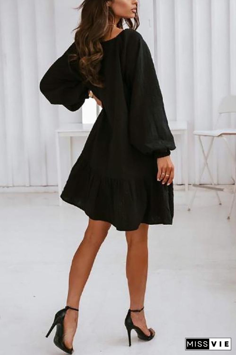 Linen Lace Up Puff Sleeve Mini Dress