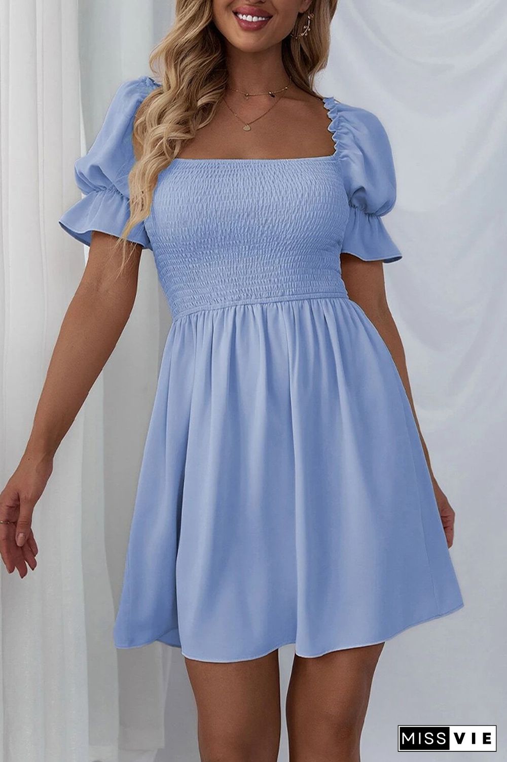 Square Collar Smocking Stitch A-line Dress Wholesale