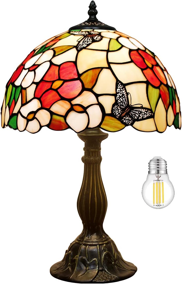 GEDUBIUBOO Tiffany Table Lamp Bedside Pink Stained Glass Lamp Butterfly Style Reading Desk Light 12X12X18 Inches Decor Bedroom Living Room  Office S275 Series