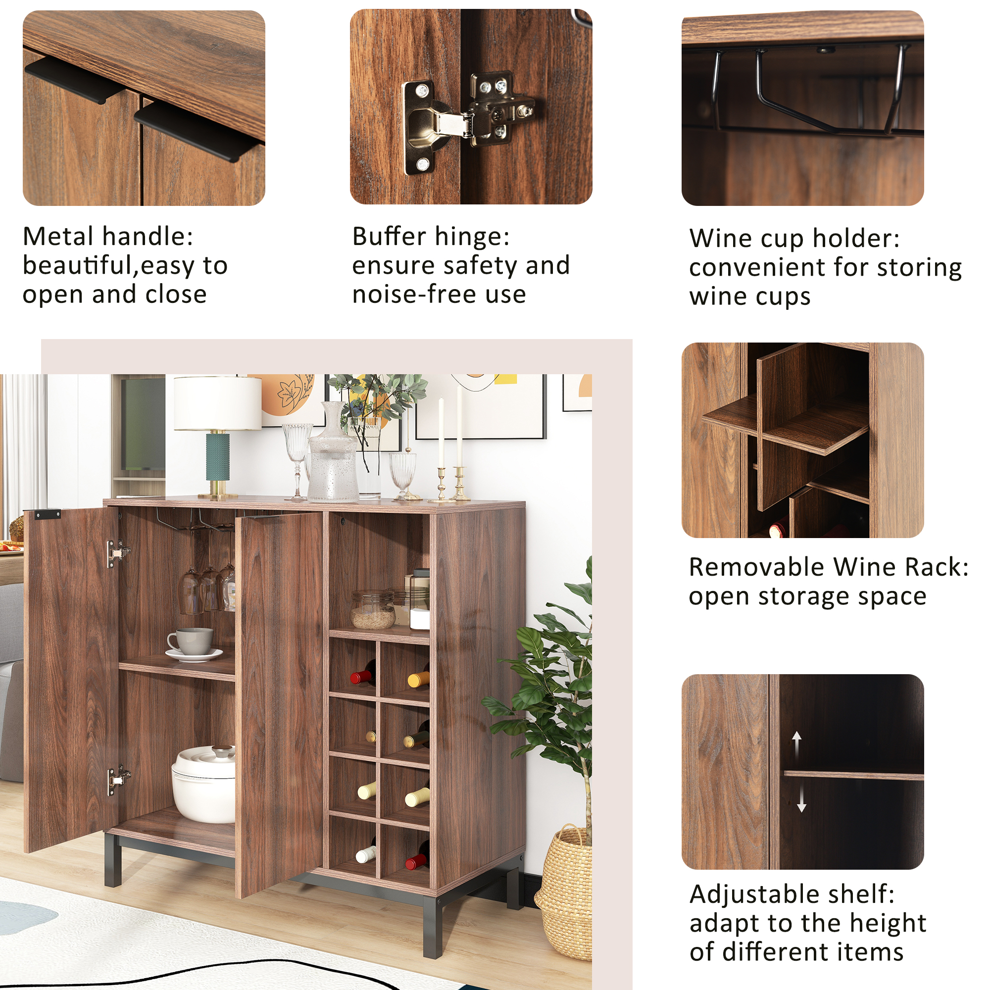 Sideboard Buffet Cabinet， Modern Coffee Bar Cabinet with Removable Wine Rack and Adjustable Shelf， 2 Doors Bar Buffet Sideboard for Dinning Room， Entryway， Kitchen