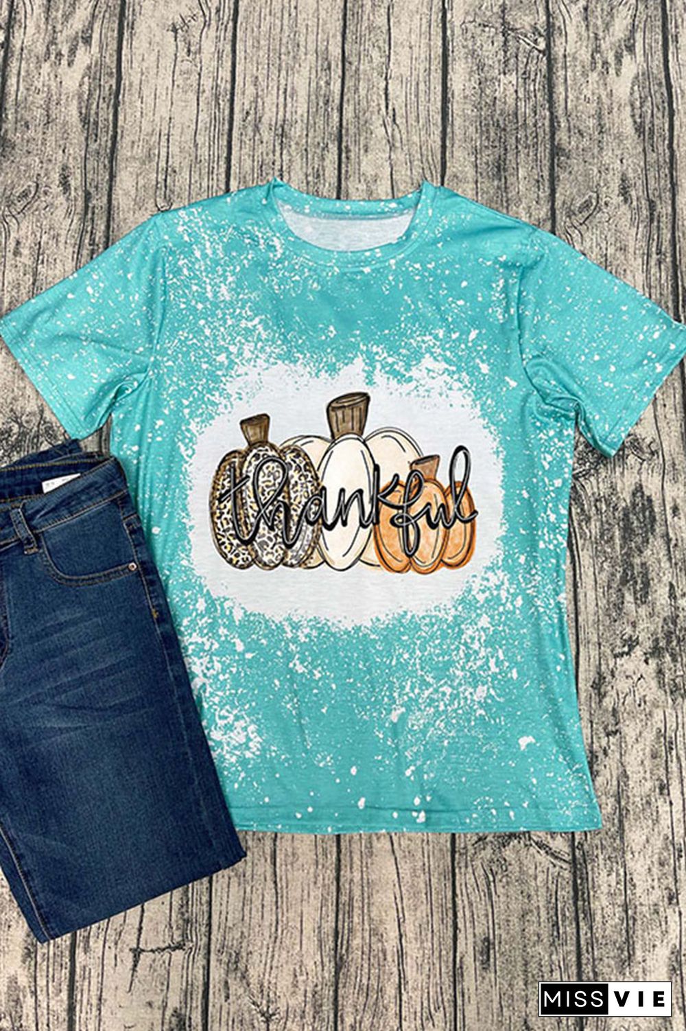 Thanksgiving,Thankful Pumpkin Bleached Graphic Tee Wholesale