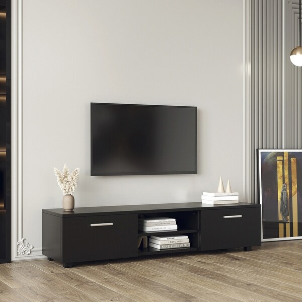 Black TV Stand Media Entertainment Center Console Table with 2 Storage Cabinet， Open Shelves for 70