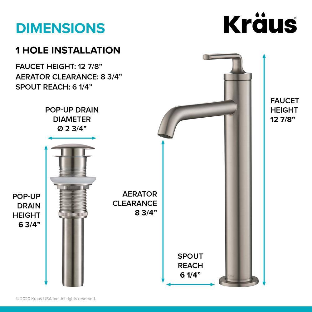 KRAUS Elavo Vessel White Ceramic Bath Sink and Ramus Single Handle Bath Faucet with Pop-Up Drain in Stainless Steel C-KCV-121-1220SFS