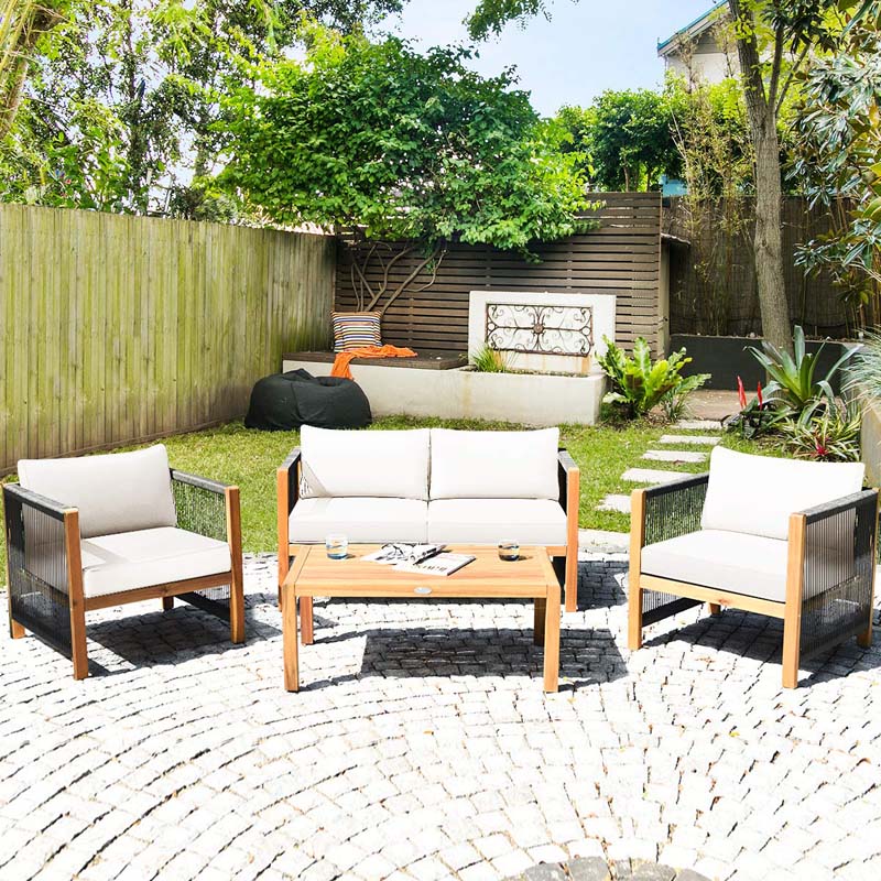 4 Pcs Acacia Wood Outdoor Loveseat Sofa Set with 2 Single Chairs & Coffee Table, Cushions