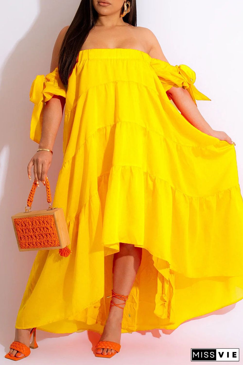 Yellow Casual Solid Patchwork Asymmetrical Off the Shoulder Straight Dresses