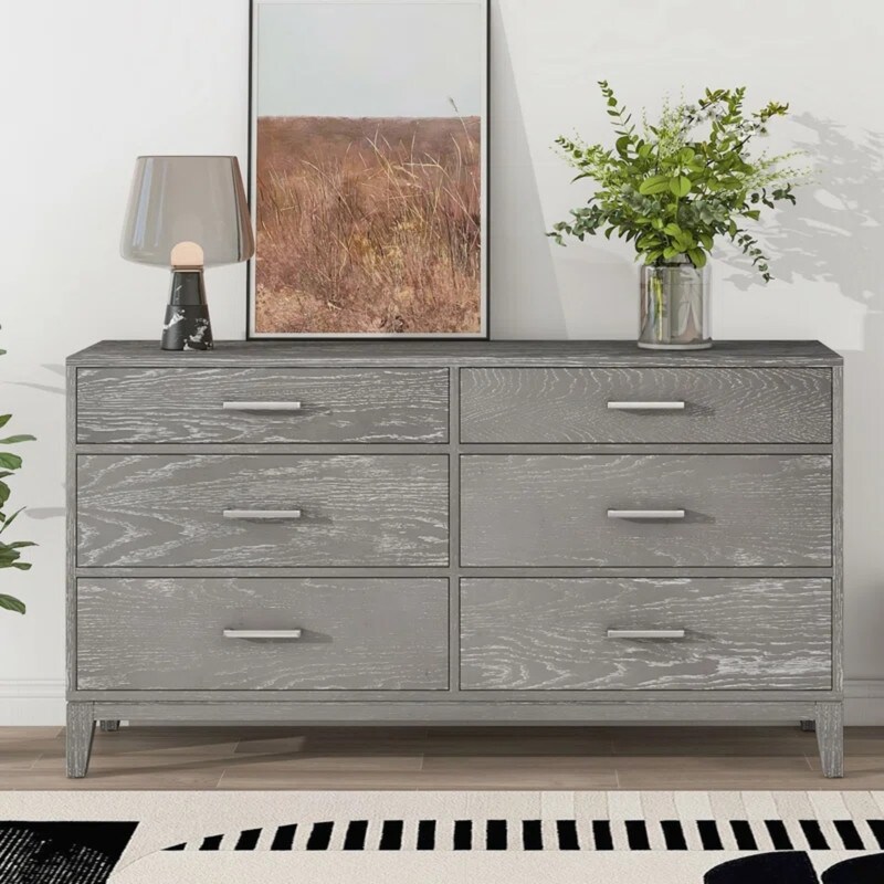 6 Drawer Double Dresser for Bedroom  Farmhouse Storage Dresser with Metal Handles  Solid Wood Frame  Rustic Gray