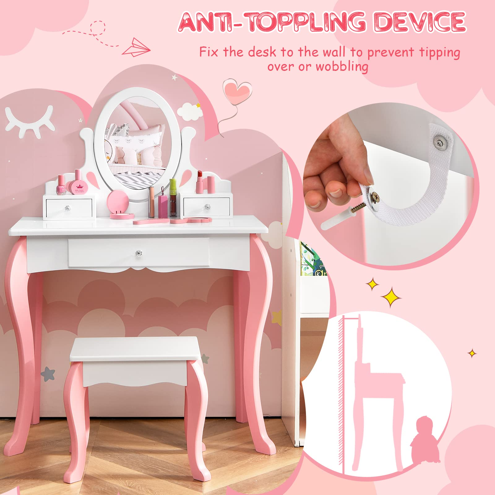 Costzon Kids Vanity Set with Mirror, 2 in 1 Princess Makeup Dressing Table w/ Detachable Top