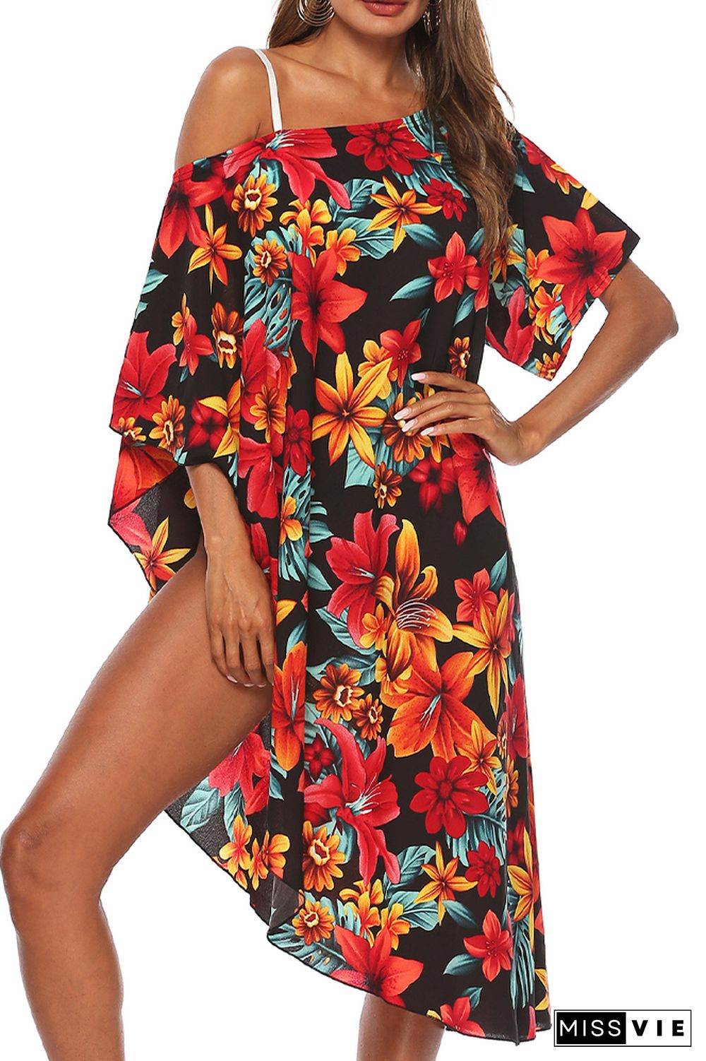 One Shoulder Floral Beach Dress Cover Up