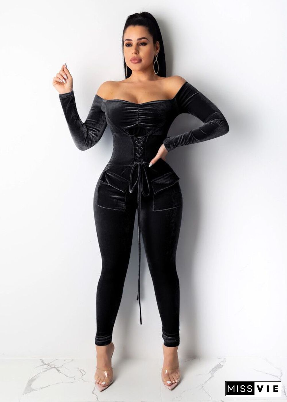 Eyelet Bandage Off Shoulder Skinny Women Jumpsuits