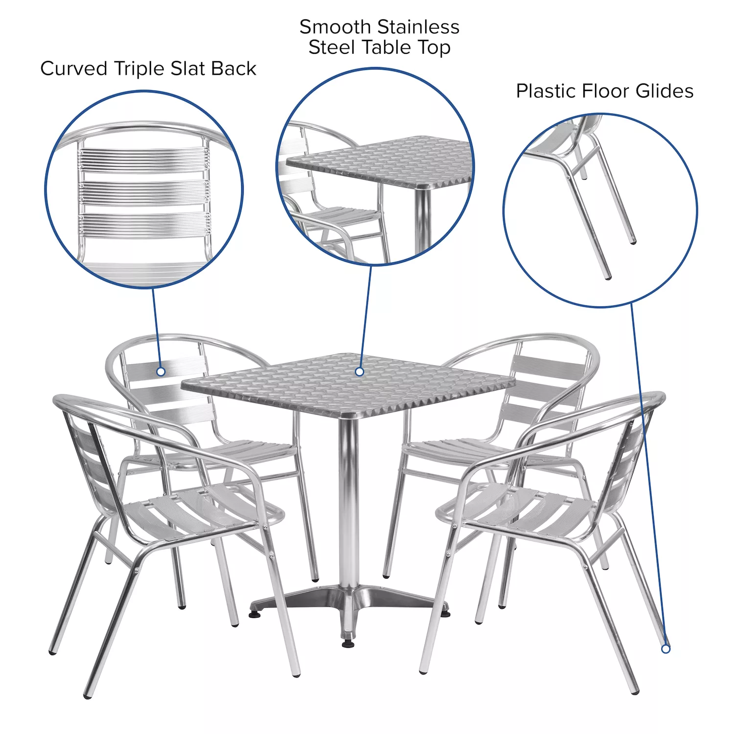 Emma and Oliver 27.5 Square Aluminum Table Set with 4 Slat Back Chairs