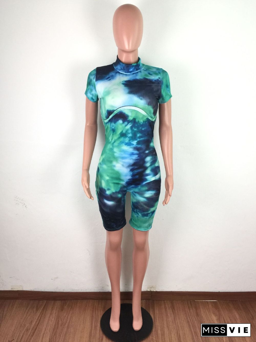 Tie-Dye Printed Short-Sleeved Slim Romper Including Mask