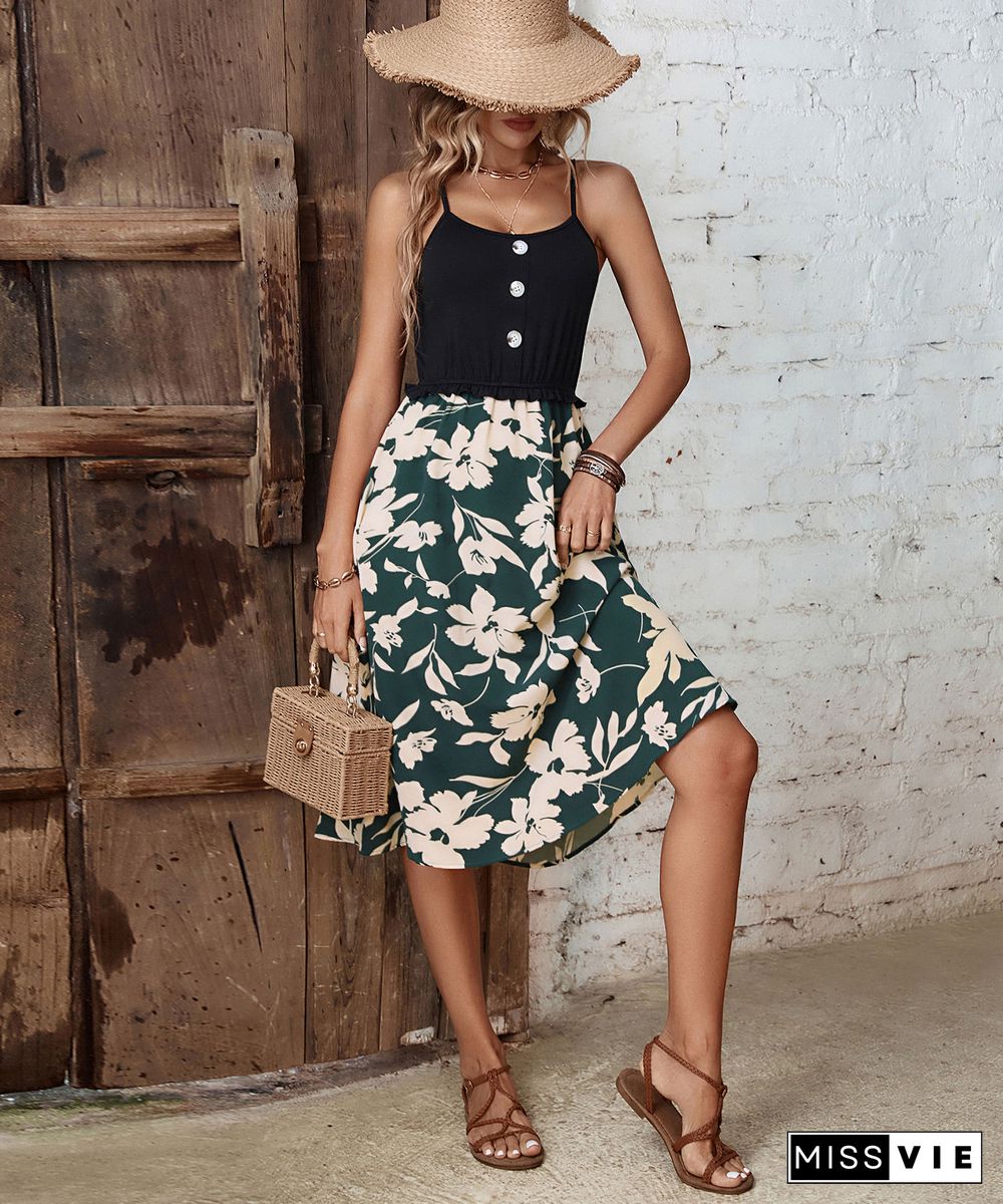 Button Down Black High Waist Cami Floral Midi Dress