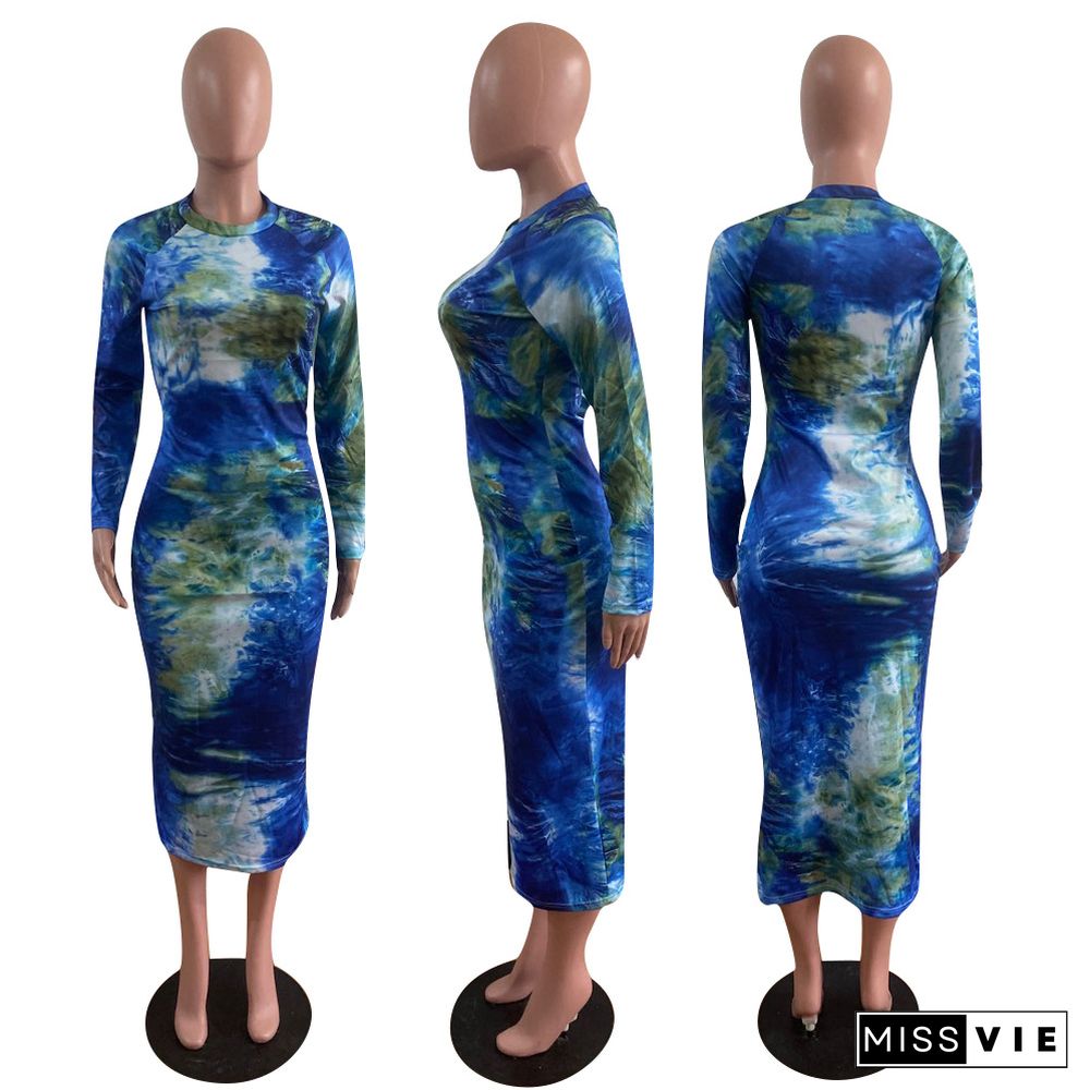 Autumn Tie-dye Printing Elegant Long Sleeves Bodycon Dress