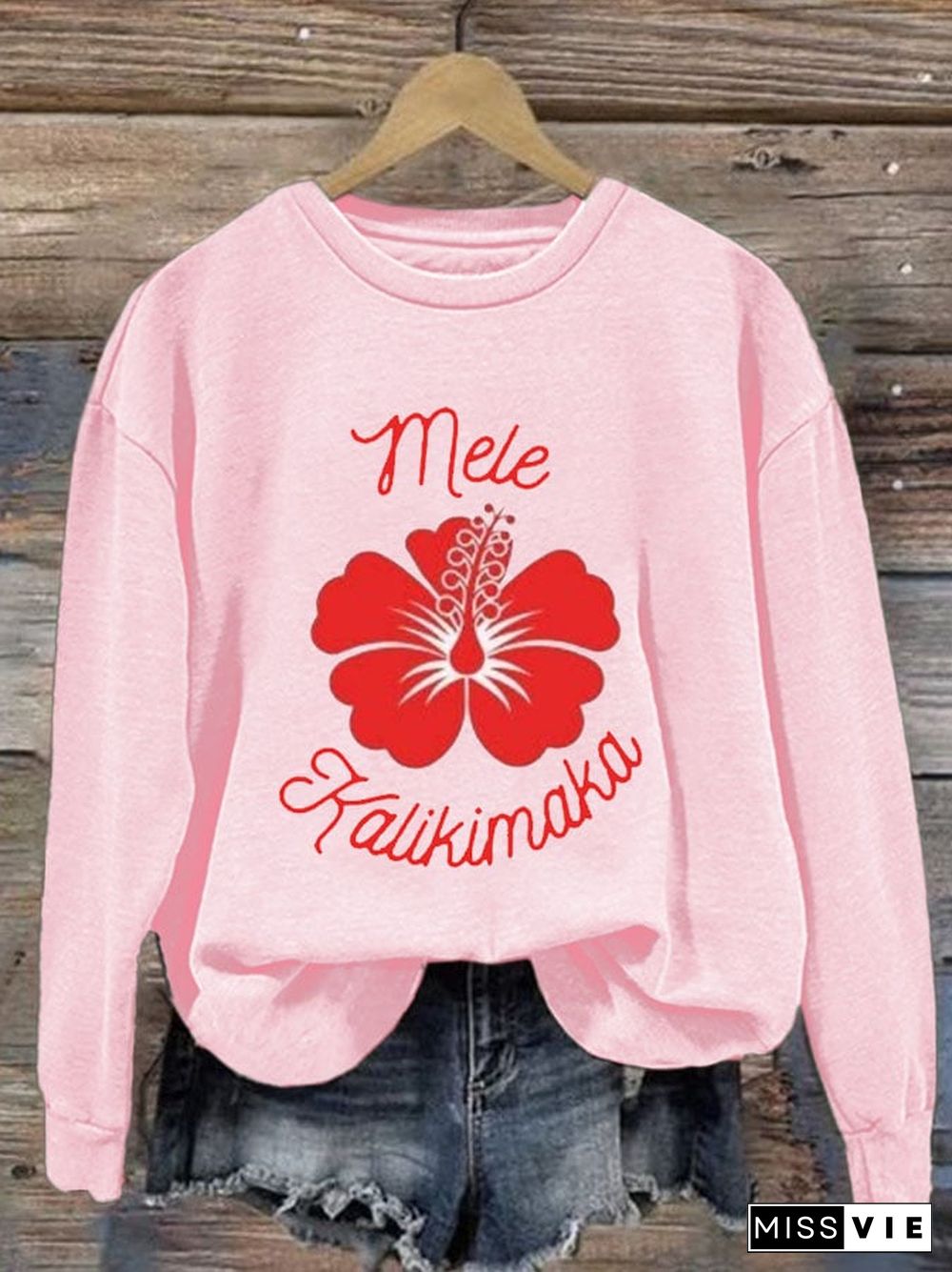 Women's Mele Kalikimaka Hawaiian Christmas Print Casual Long Sleeve Sweatshirt