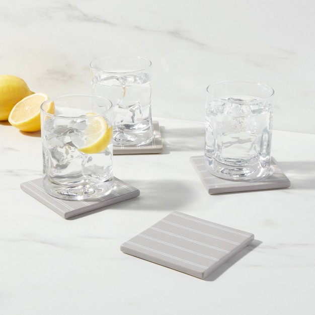 4pk Stoneware Striped Coasters Gray