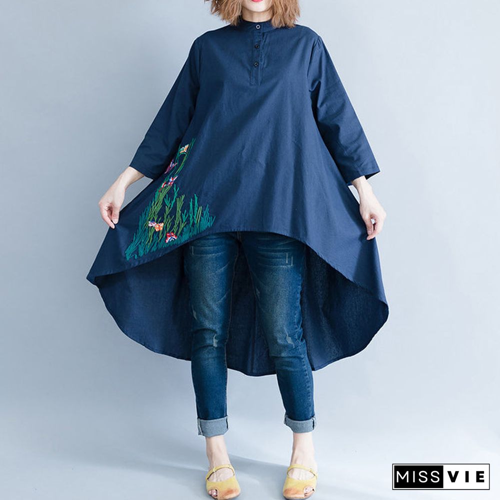 Style navy linen cotton tunics for women Casual Neckline asymmetric Art shirt Dresses