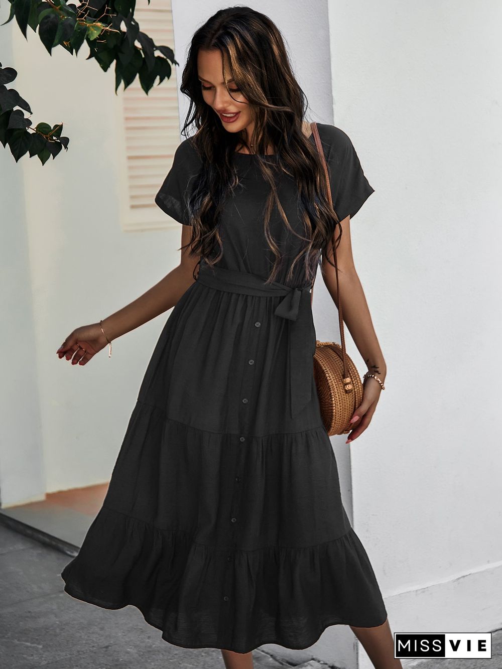 Short Sleeve Round Neck Wrap Tie Waist Maxi Dress