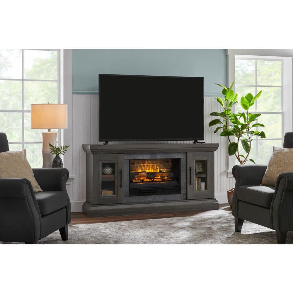 StyleWell Chelsea 65 in Freestanding Electric Fireplace TV Stand in Cappuccino with Ash Grain