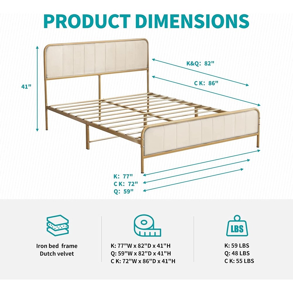 Mixoy Metal Platform Bed Frame with Dutch Velvet Headboard  Clearance Bed Frame Upholstered Headboard  Metal Strip Support