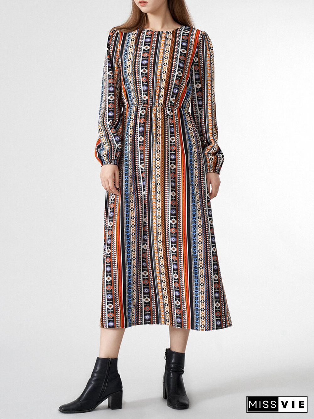 Tribal Pattern Long Sleeve Crew Neck Dress For Women