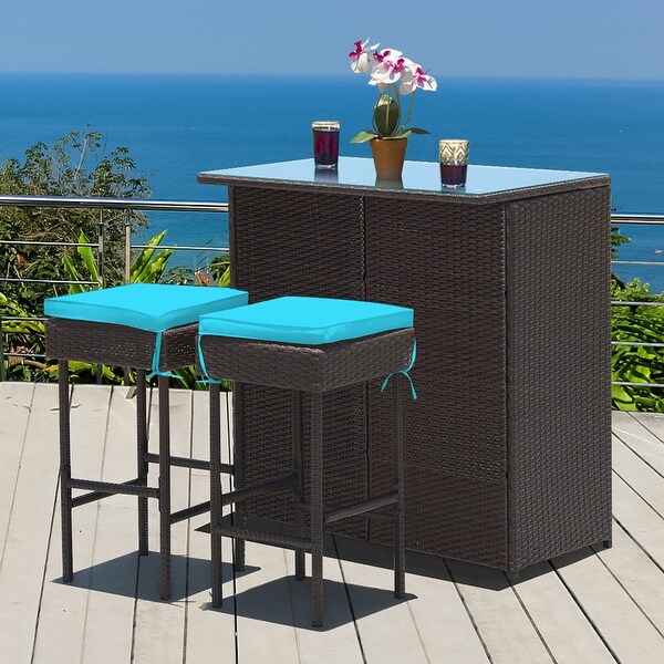 Costway 3PCS Patio Rattan Wicker Bar Table Stools Dining Set Cushioned