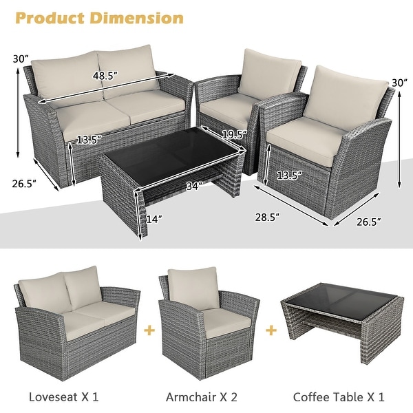 Gymax 4PCS Patio Rattan Conversation Set Outdoor Furniture Set w/