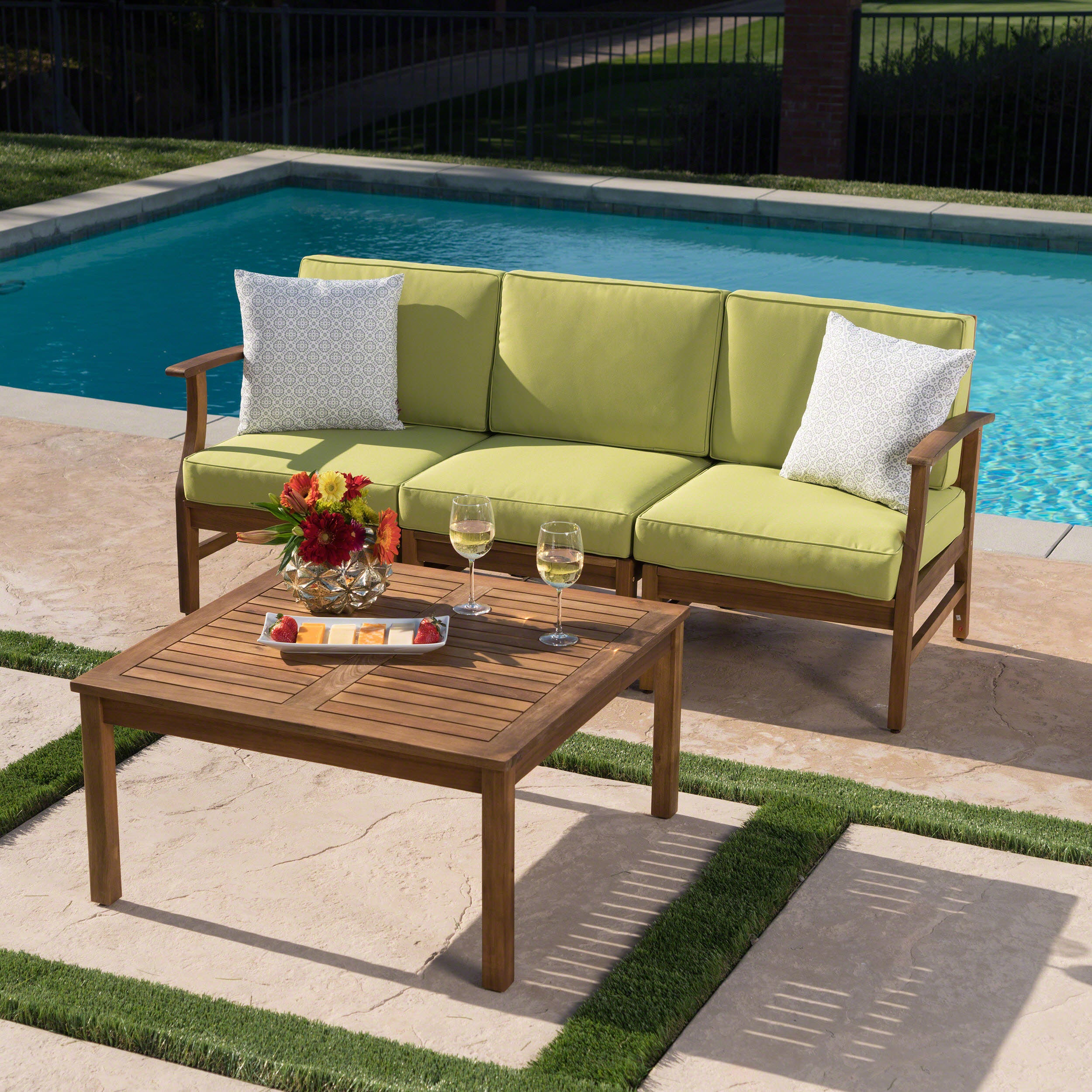 Scarlett Outdoor 3 Seat Teak Finished Acacia Wood Sofa and Table Set