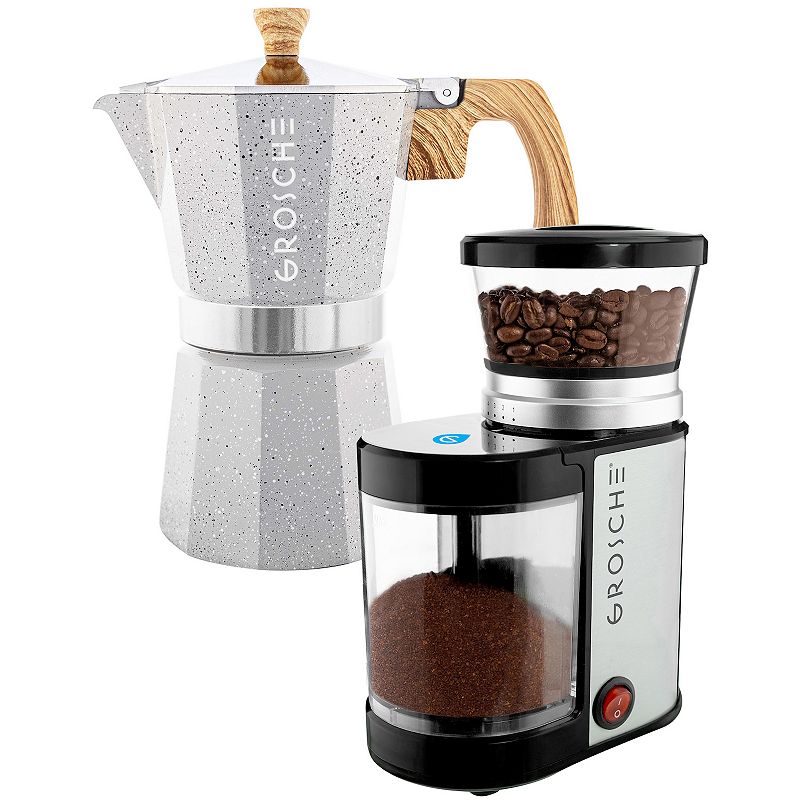 GROSCHE Milano Stone Stovetop Espresso Coffee Maker and Electric Burr Coffee Grinder Bundle