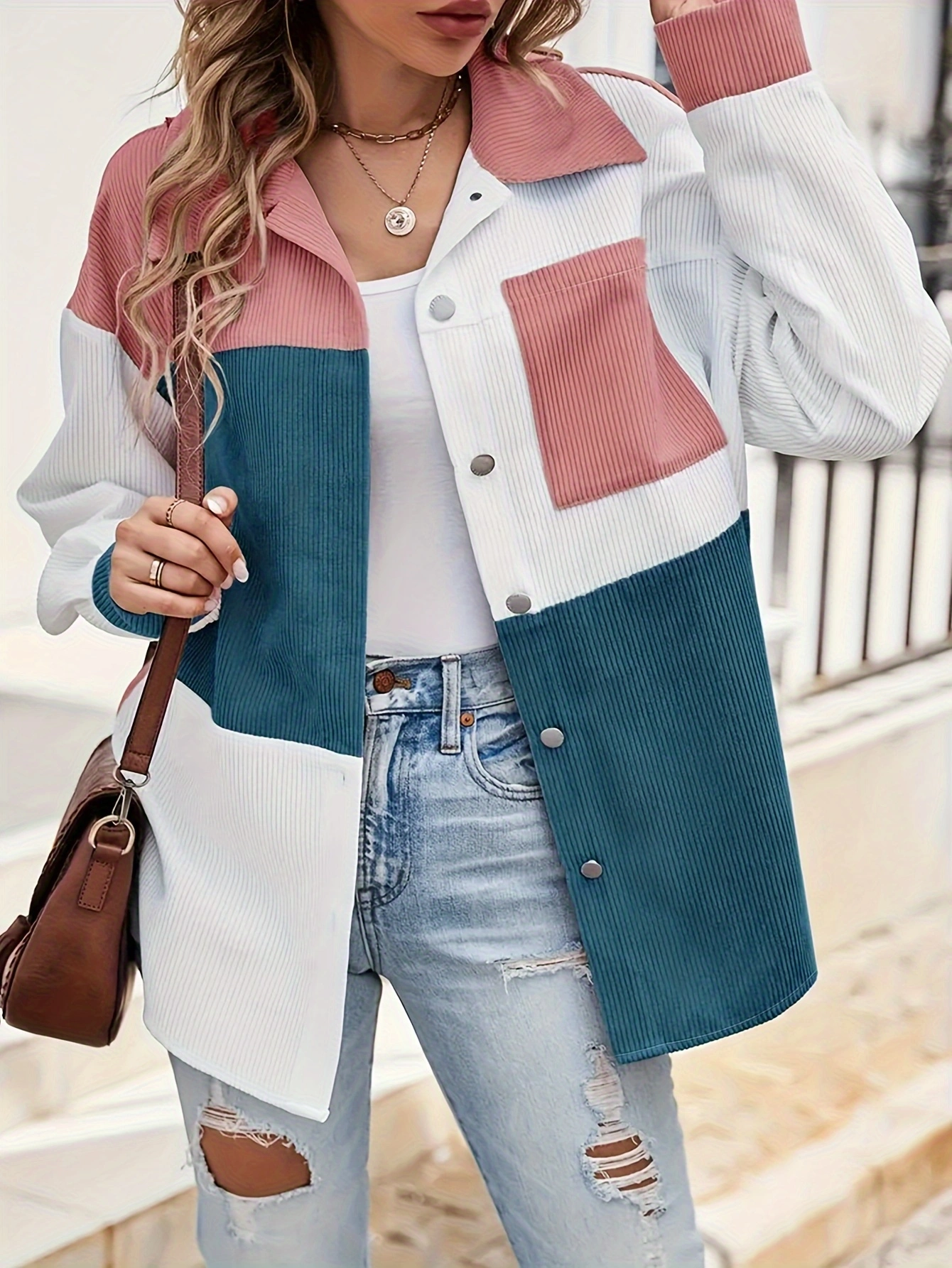 Plus Size Color Block Patch Pockets Blouse, Casual Lapel Neck Button Front Long Sleeve Blouse For Spring & Fall, Womens Plus Size Clothing